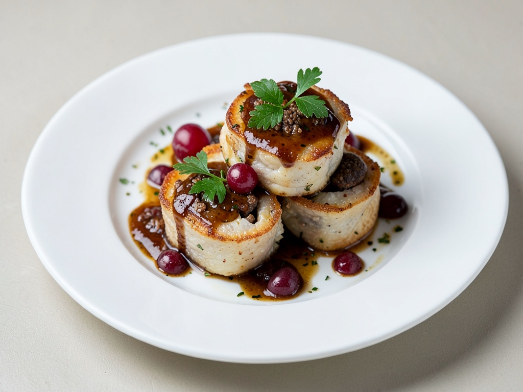 Rotauge in rotoli con uva e vinaigrette alle erbe