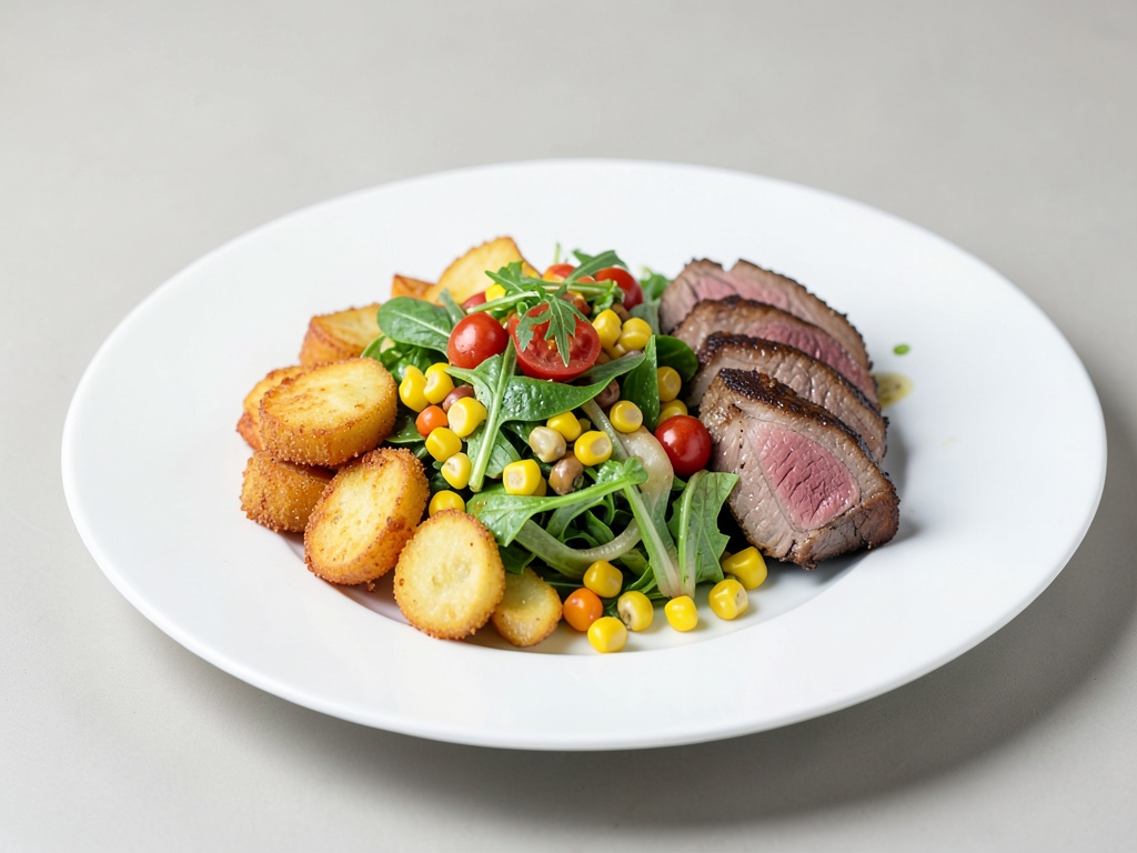 Salade de valériane avec des pommes de terre frites croustillantes et du roast-beef