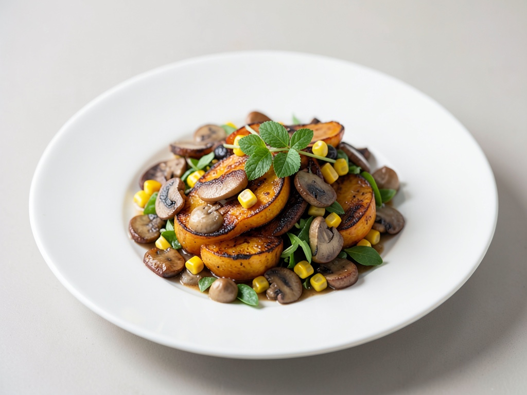 Zucca tostata con funghi champignon e valeriana