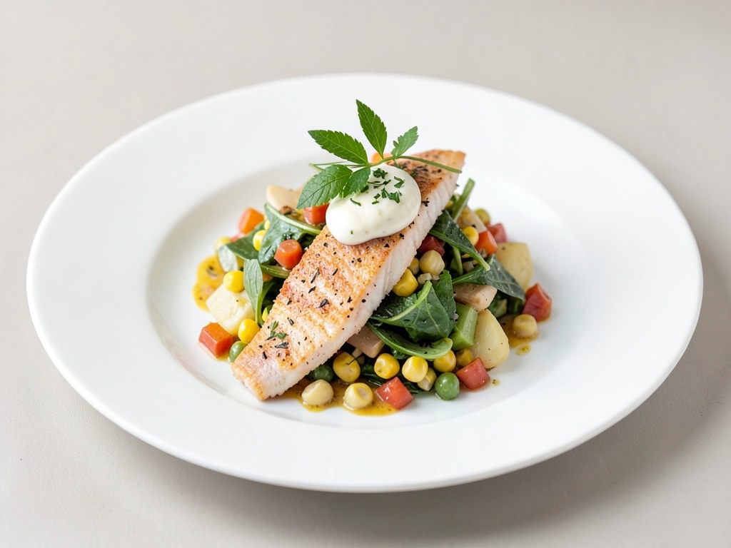 Corn Salad with Trout Fillets and Potato Cream
