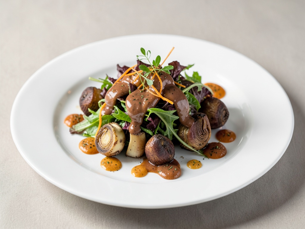 Insalata di campo autunnale con topinamburi caramellizzati e condimento al cioccolato e arancia