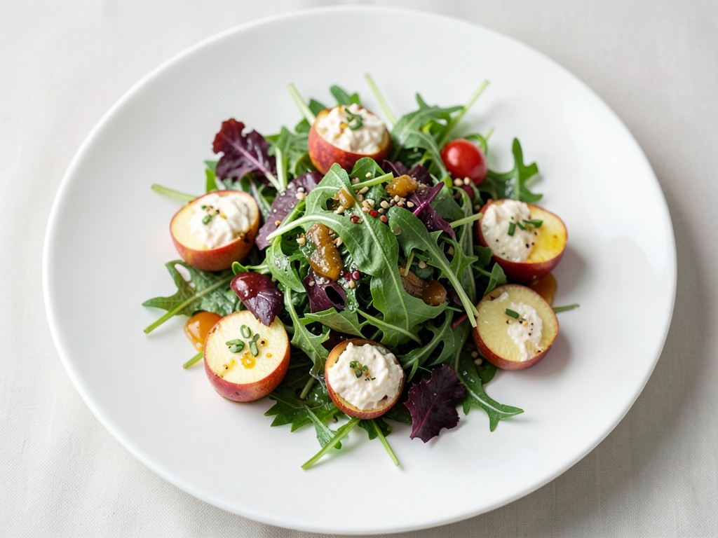 Insalata di valeriana con fette di formaggio di capra