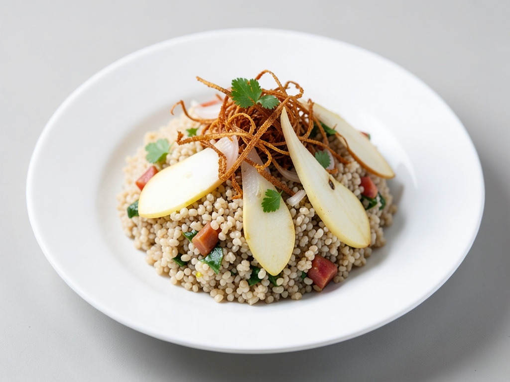 Couscous con finocchio, pera e cipolla fritti