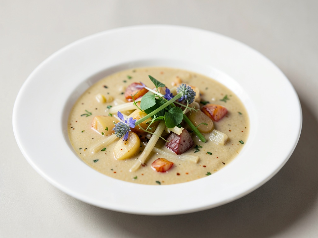 Sopa cremosa de hinojo y patata con un toque fresco de borraja
