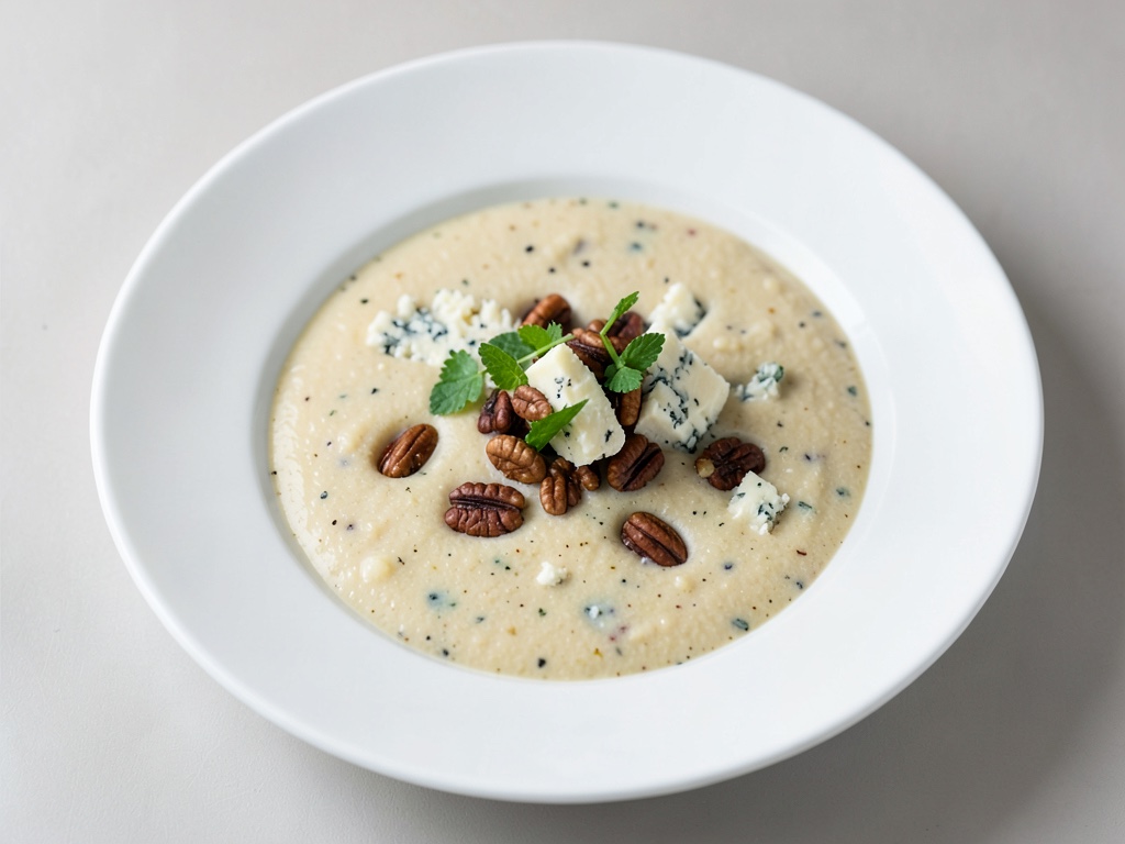 Zuppa cremosa di finocchio con noci tostate e formaggio erborinato