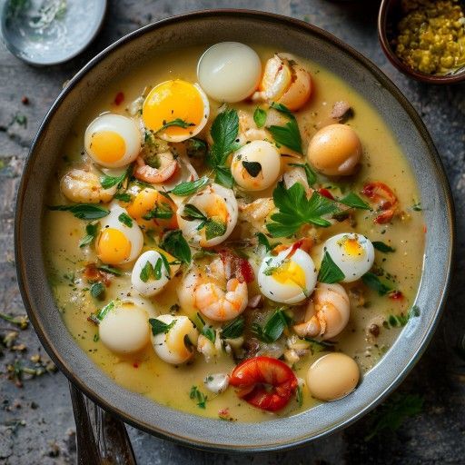 Zuppa di patate festiva con gamberi e uova di quaglia