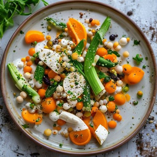 Poireaux au four avec feta, pois chiches et dip frais à l'orange
