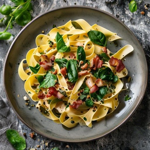Fettuccine con spinaci freschi, pinoli e pancetta