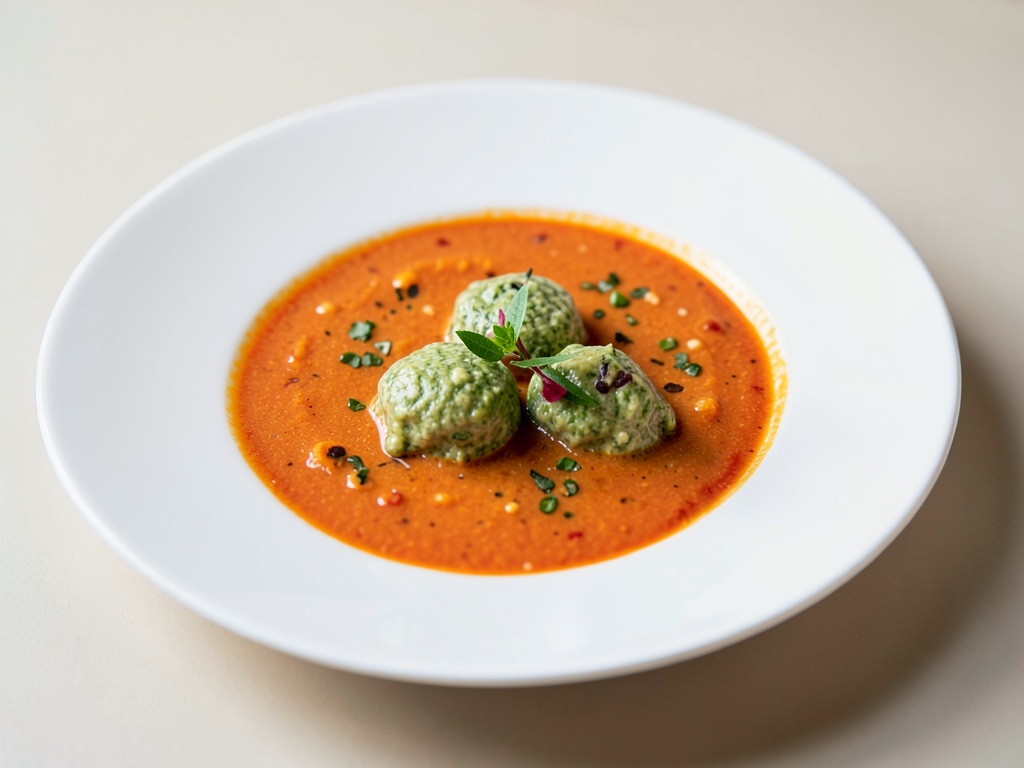 Zuppa piccante di carote e pomodori con gnocchi di yogurt verde