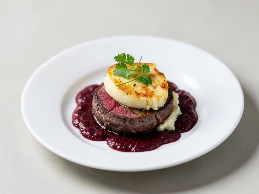 Filetto di cervo con gratin di patate e salsa di barbabietola