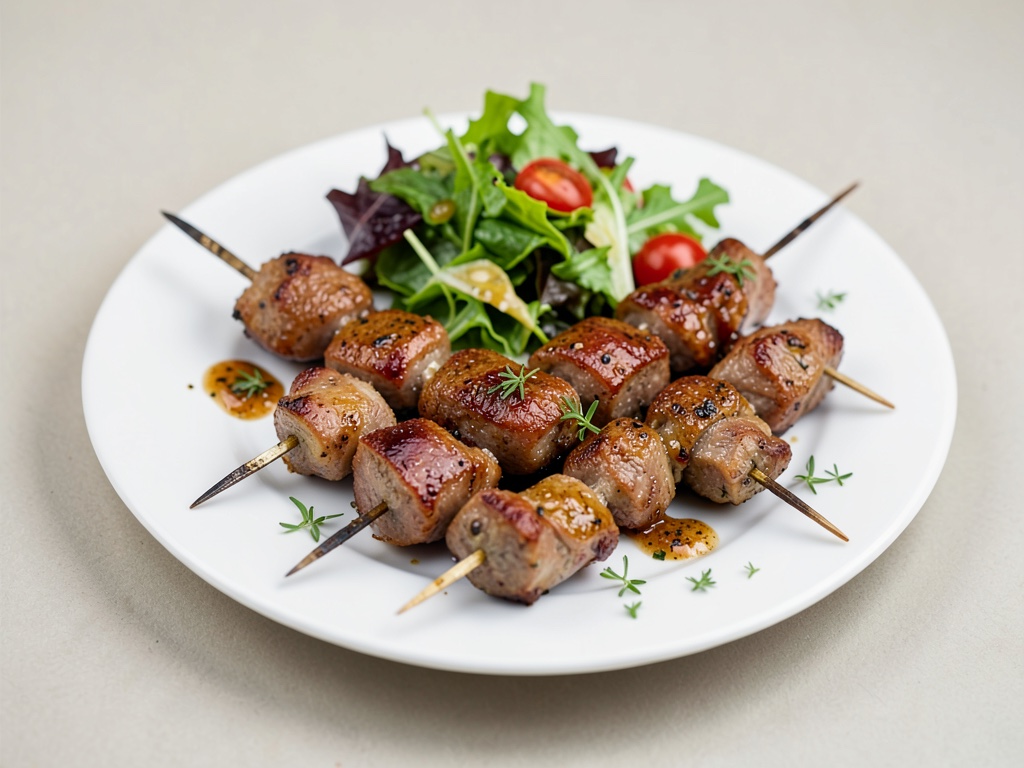 Spiedini di carne marinati al senf di Digione con insalata fresca
