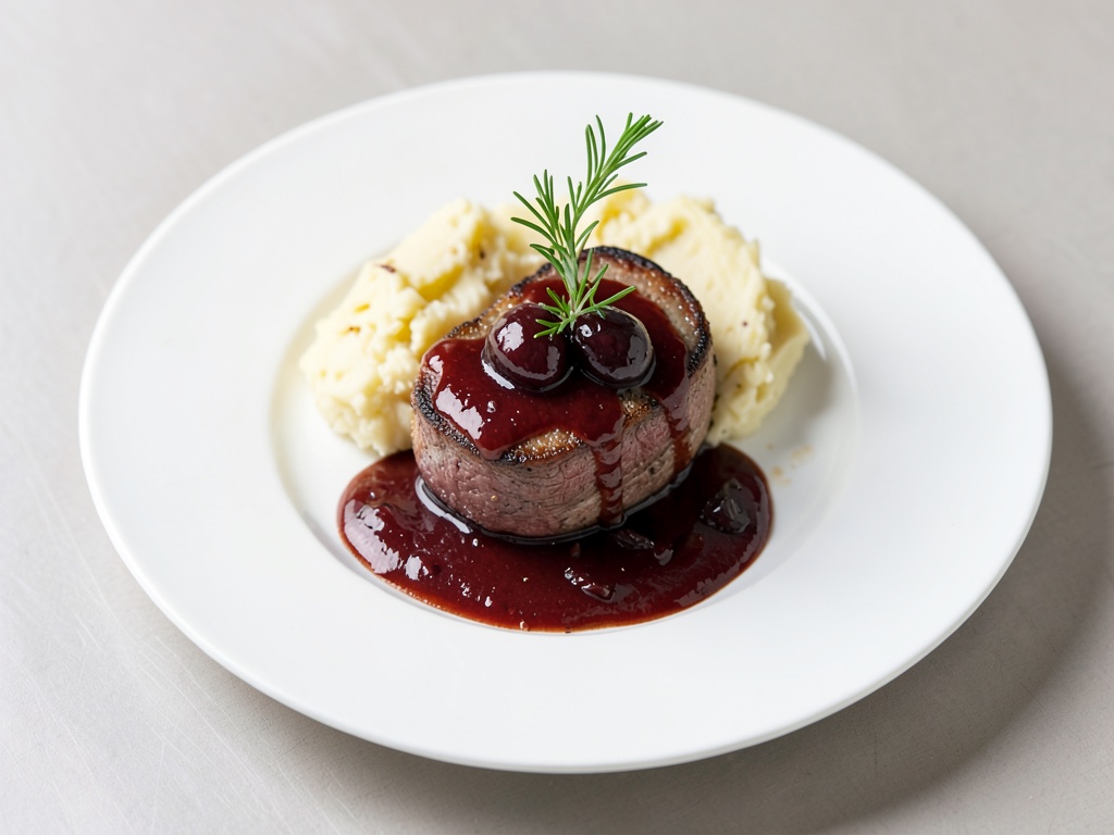 Tendres morceaux de filet de cerf à la sauce aux prunes et purée de pommes de terre crémeuse