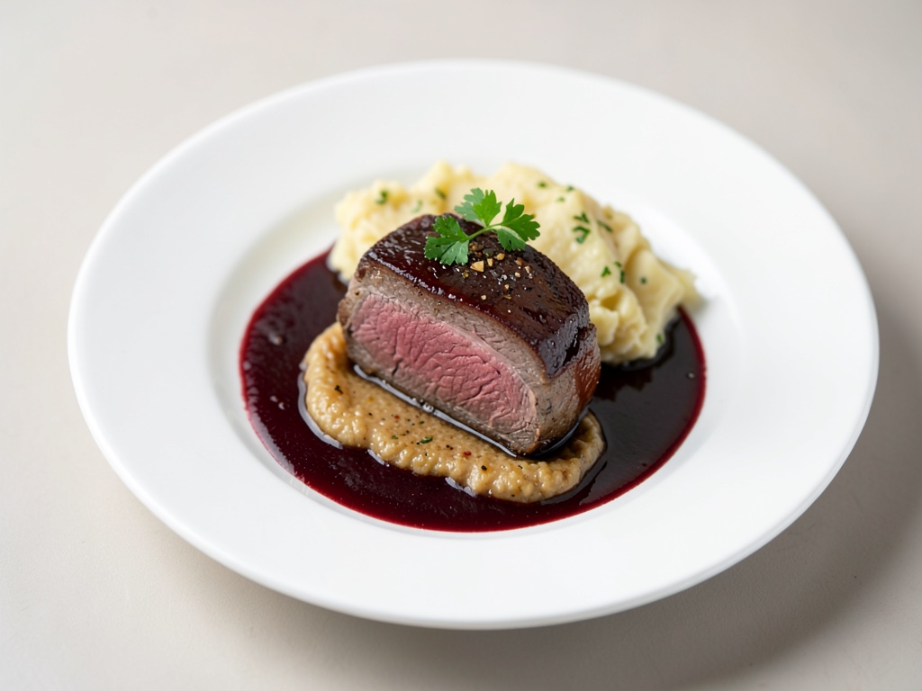 Tenere filetto di cervo con purè di patate alle erbe e jus al vino rosso