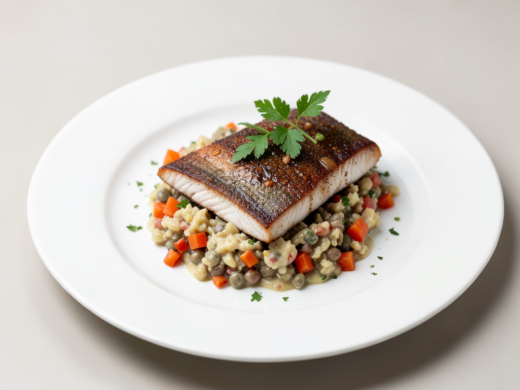 Filetto di sandro con riso a base di carote e lenticchie cremoso