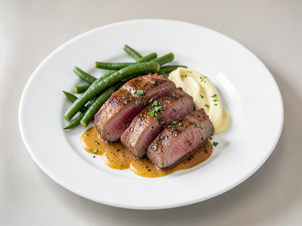 Fettine tenere di filetto di manzo e vitello con fagiolini e panna al senape