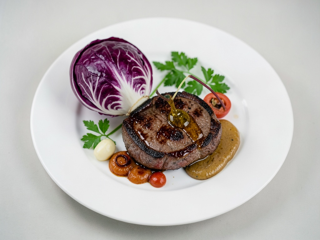 Bistecche di filetto di manzo succulente con insalata di radicchio