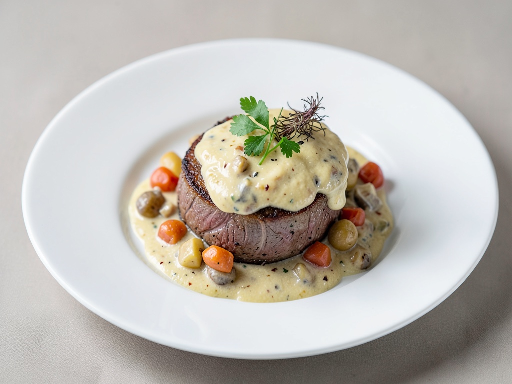 Filetto di manzo tenero con gratin di verdure radice cremoso