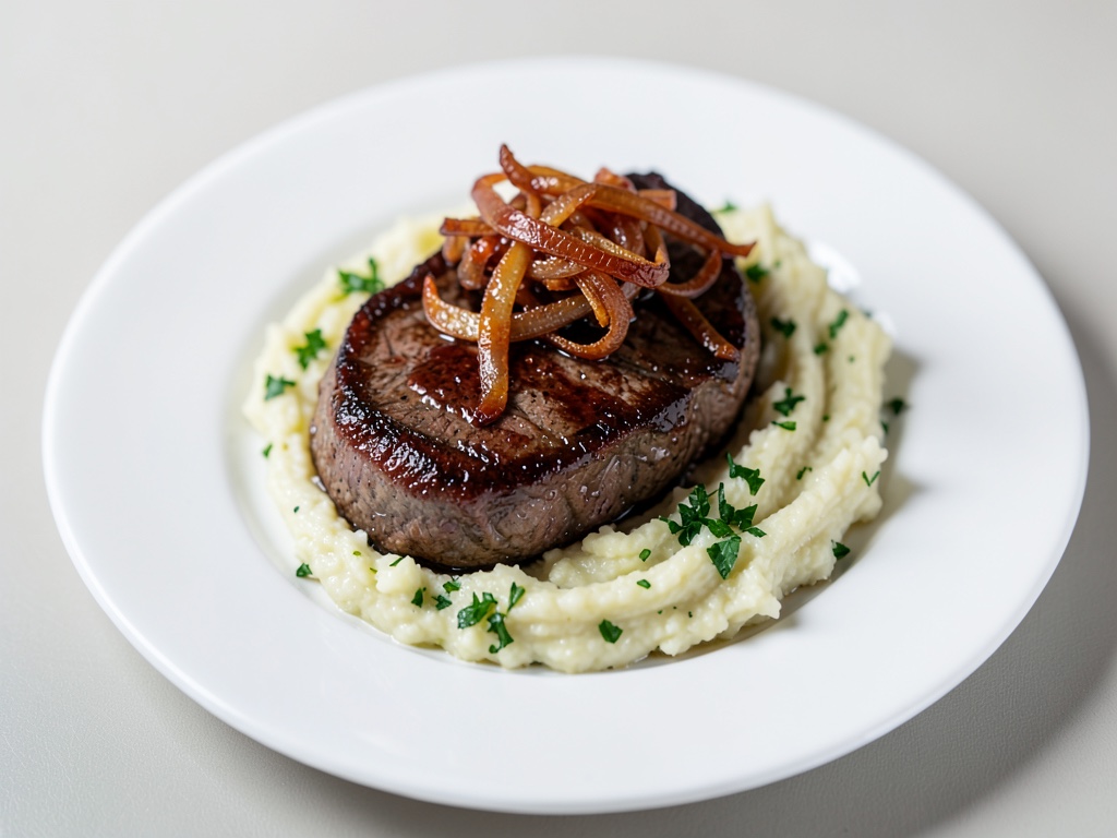 Filetto di manzo succoso con cipolle caramellate e purè cremoso di sedano e patate