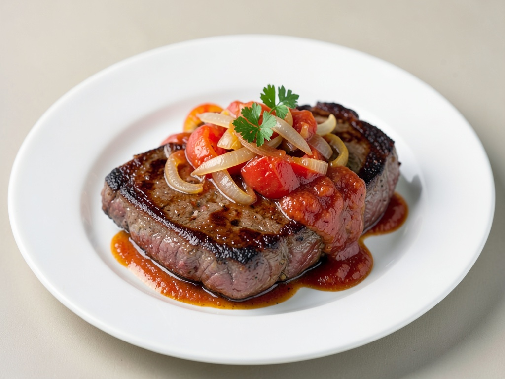 Filet mignon succulenti con salsa di cipolle e pomodori fruttata