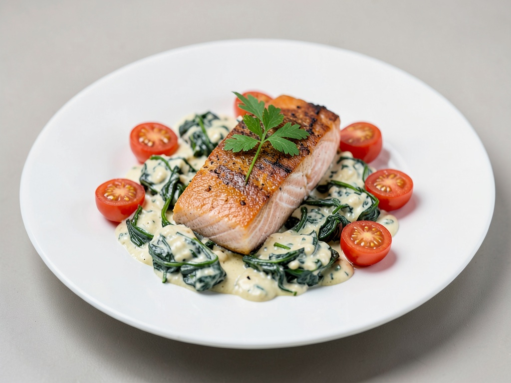 Salmone su crema di spinaci con pomodori freschi