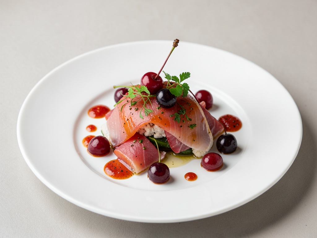 Carpaccio di pesce fresco con ciliegie