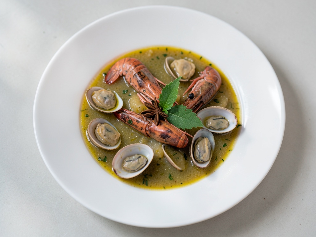 Sopa aromática de gambas y pescado con mejillones