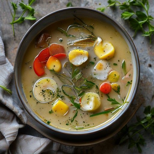 Sopa reconfortante de pescado y verduras