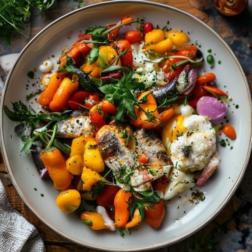 Pesce al forno con verdure colorate