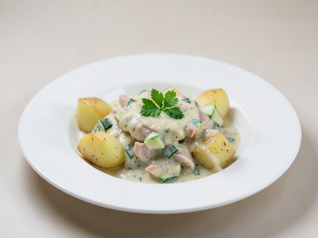 Stufato cremoso di merluzzo verde e cetriolo con patate