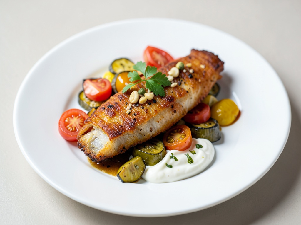 Pesce fritto con mix di pomodori e melanzane e yogurt