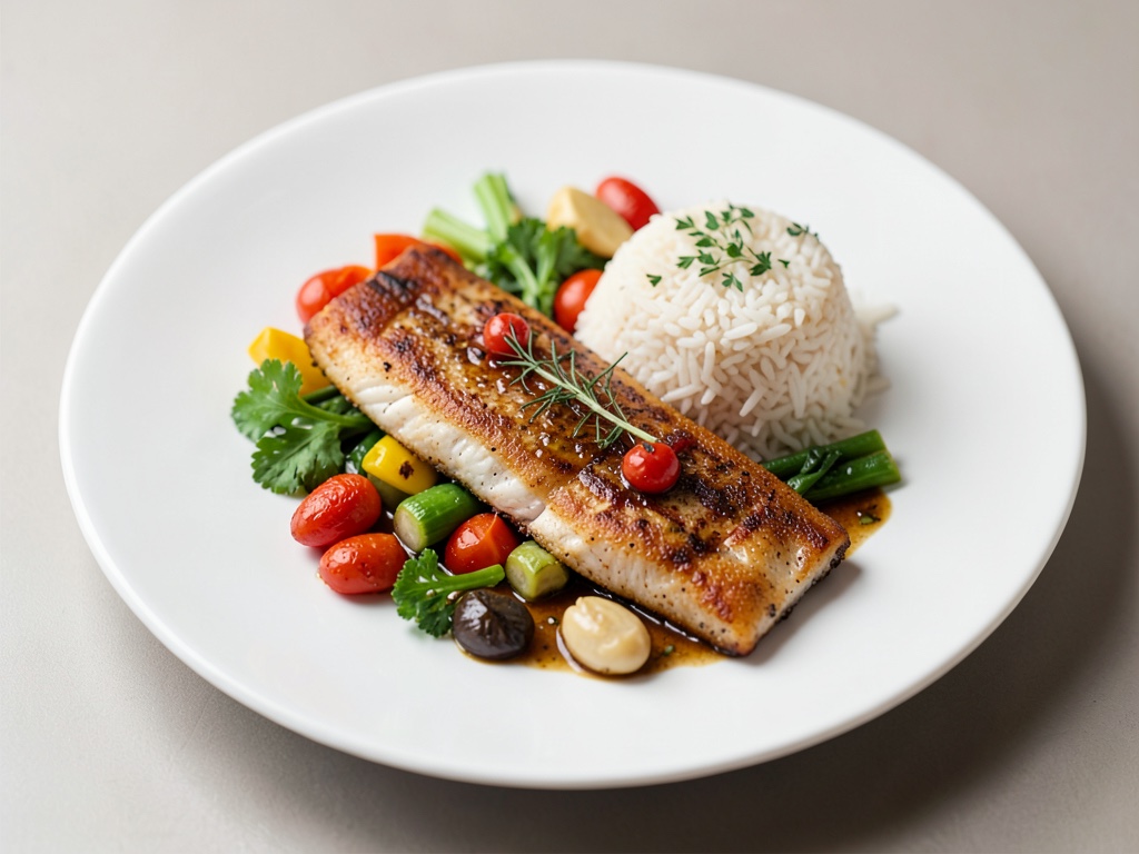 Poisson frit avec riz et légumes
