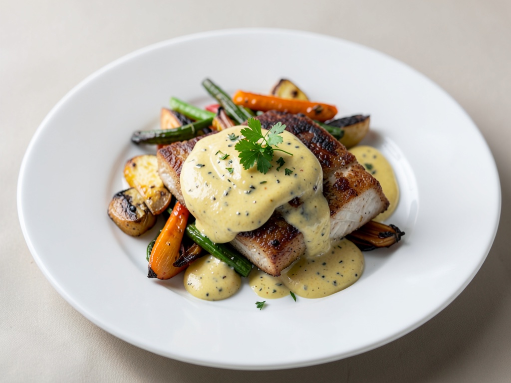 Pesce succoso con salsa di senza e panna e verdure stufate