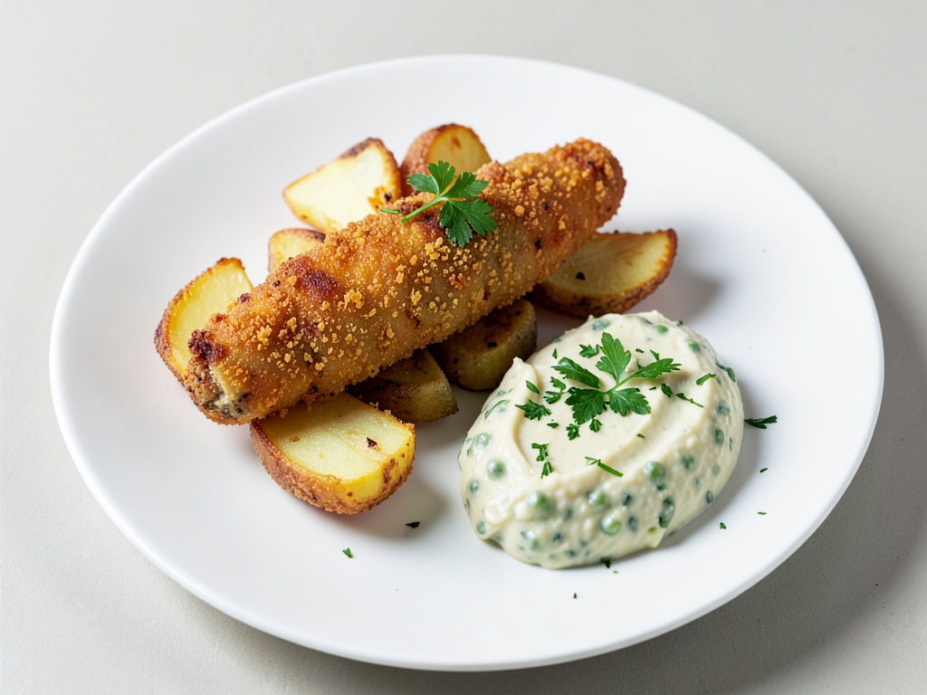Poisson croustillant à la bière avec pommes de terre au four et crème de pois