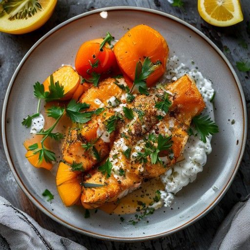 Pesce croccante su zucca tostata con crema di noci e prezzemolo