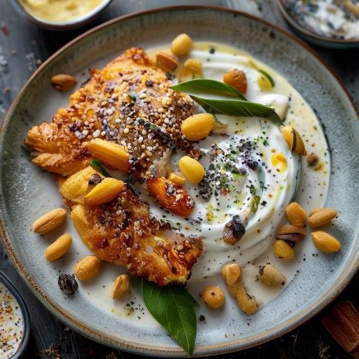 Pesce al forno con crosta croccante di macadamia e salsa fresca al yogurt e capperi