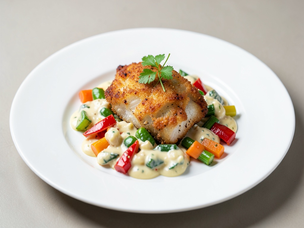 Pesce croccante con verdure al peperone cremose