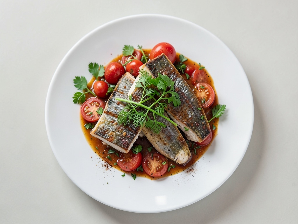 Pesce al forno con salsa di pomodori e erbe fresche