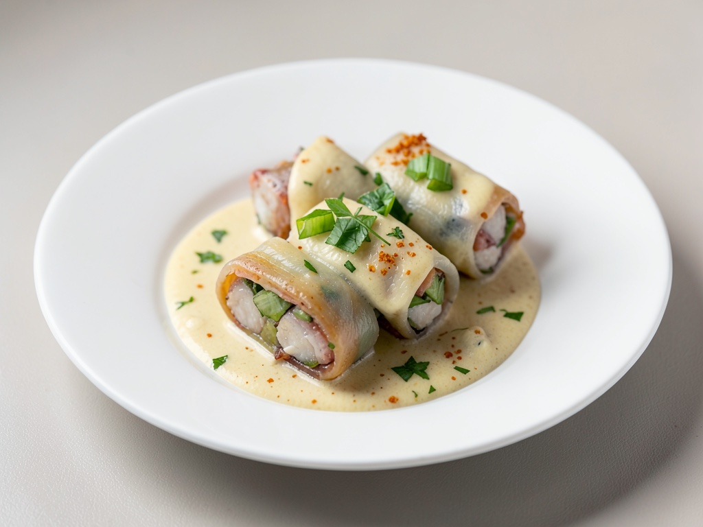 Rotoli di pesce al vapore con porro e salsa di senza e panna