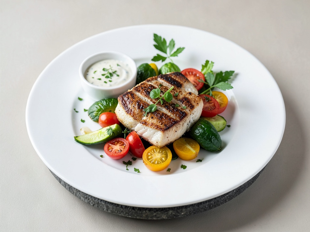 Pesce e verdure fritti sulla pietra rovente con salsa fresca