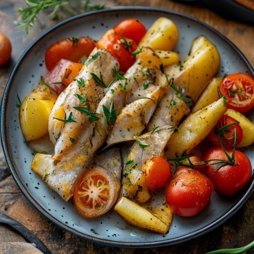 Pesce al forno con bastoncini di patate e pomodori
