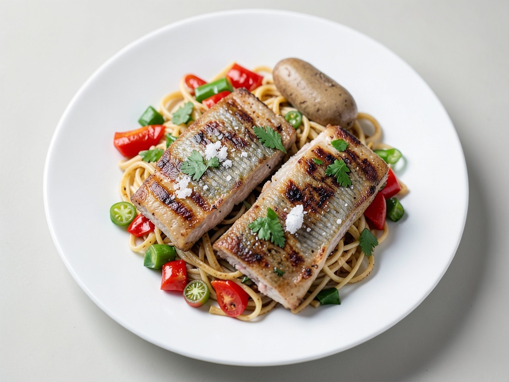 Gebratene Nudeln mit Fisch und buntem Gemüse
