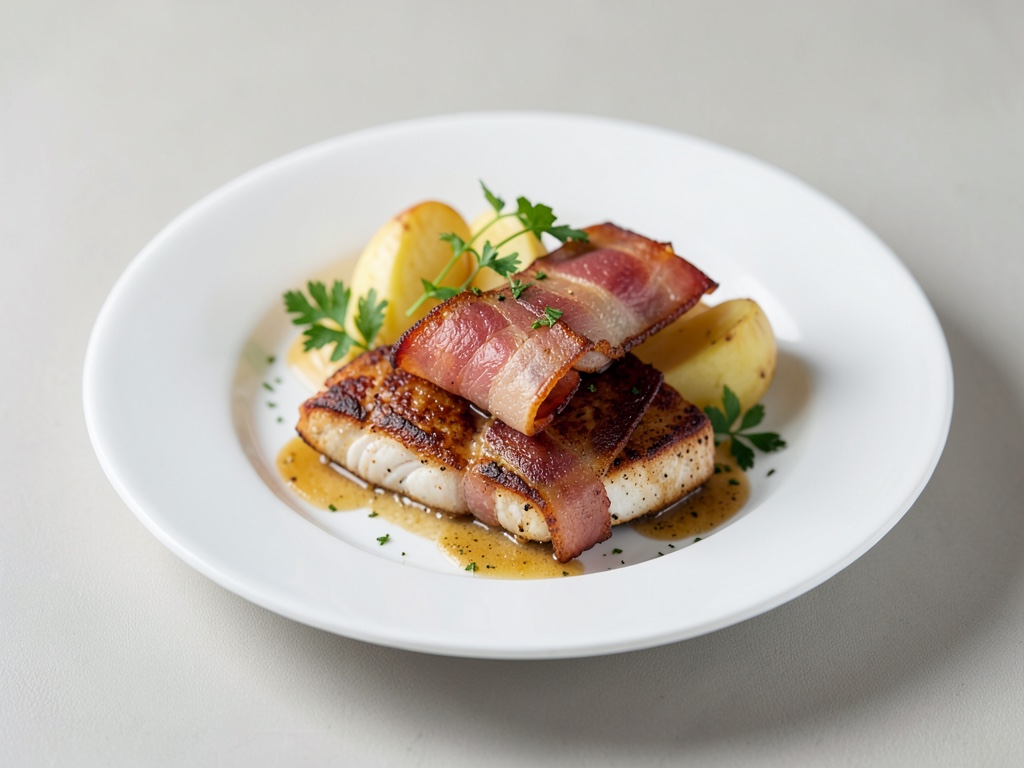 Filetti di pesce in croccante pancetta con patate