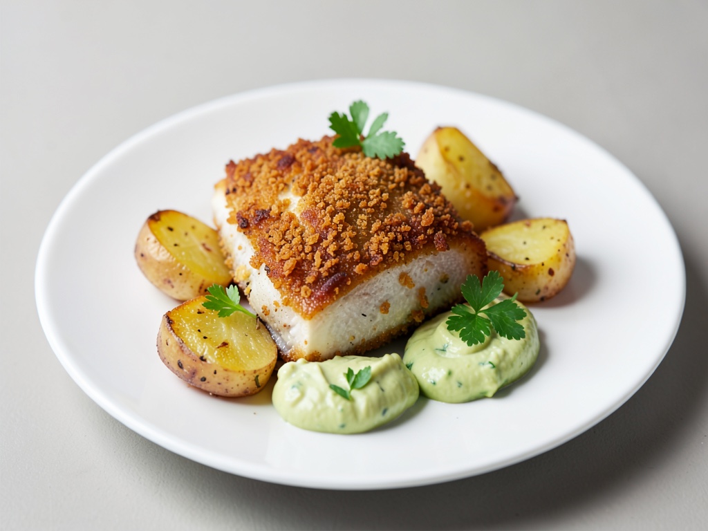 Merluzzo croccante con crosta di birra e Grana Padano, patate al forno e crema di avocado
