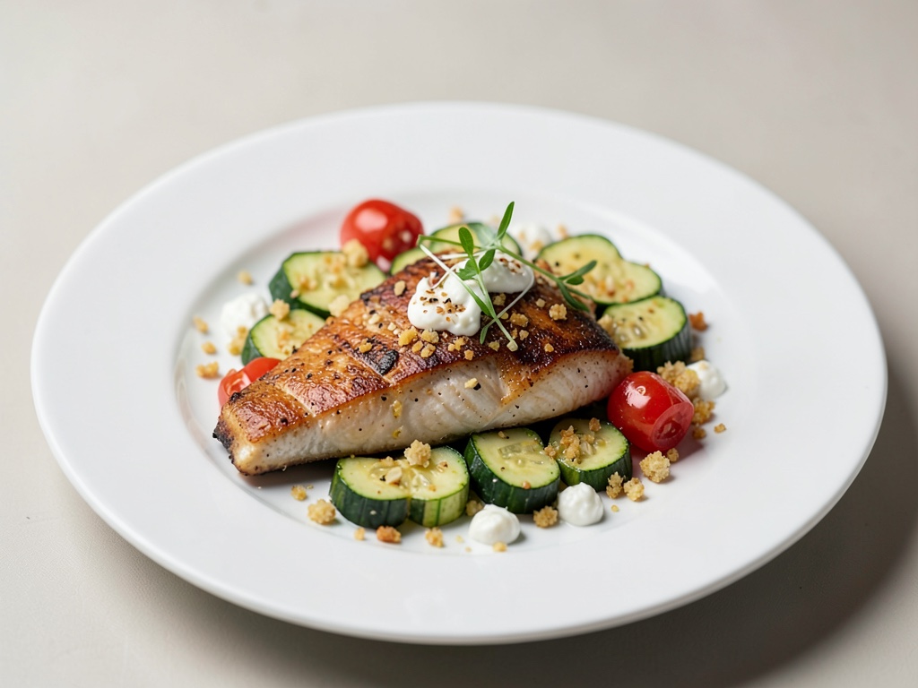 Pesce gratinato con zucchine, pomodori e crunch allo yogurt