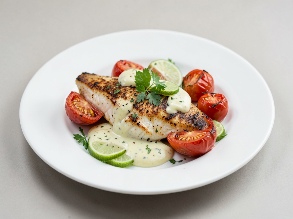Pesce al forno con burro al lime e pomodori al forno