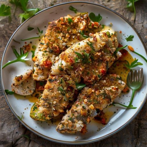 Filetti di pesce fritti con croccante di pinoli e cipolla