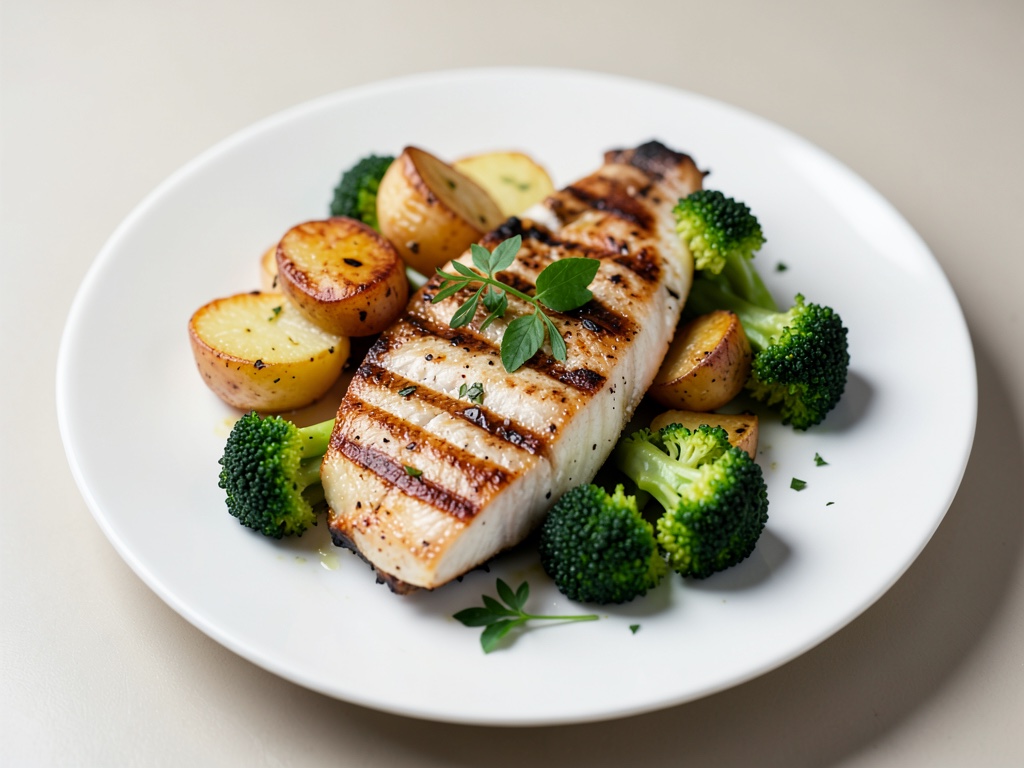 Filetto di pesce alla griglia con patate al forno e broccoli
