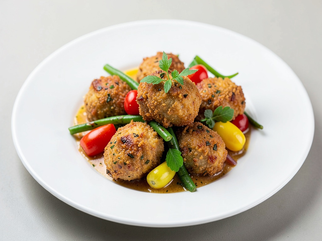 Croquetas de pescado crujientes con verduras coloridas