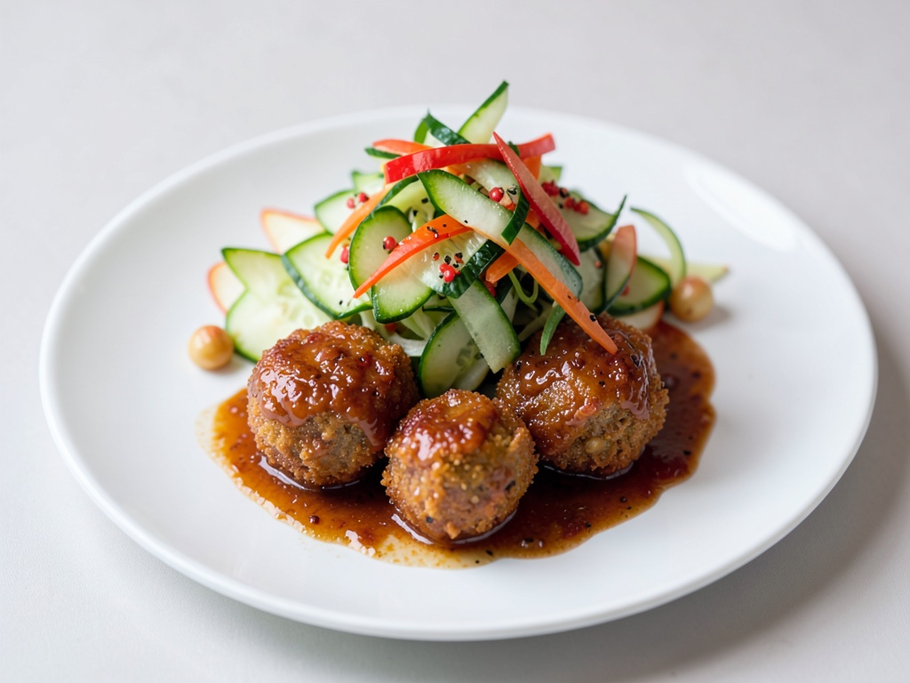 Polpette di pesce croccanti con insalata di cetrioli piccante