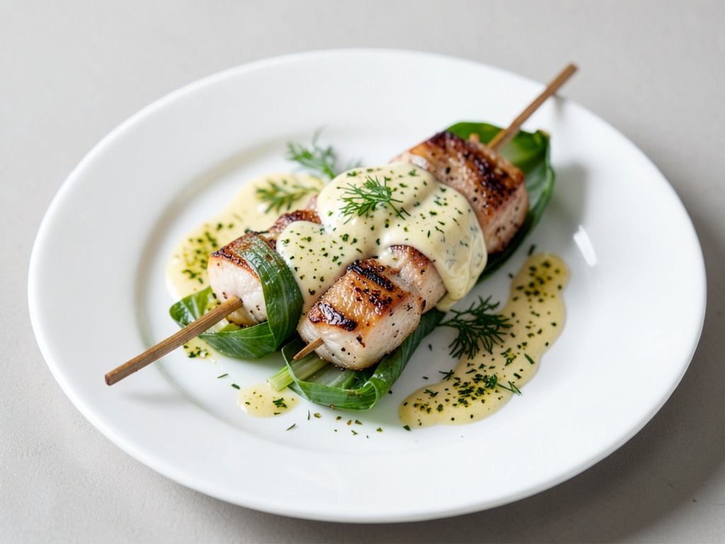 Spiedini di pesce in foglie di porro con crema di senape e aneto